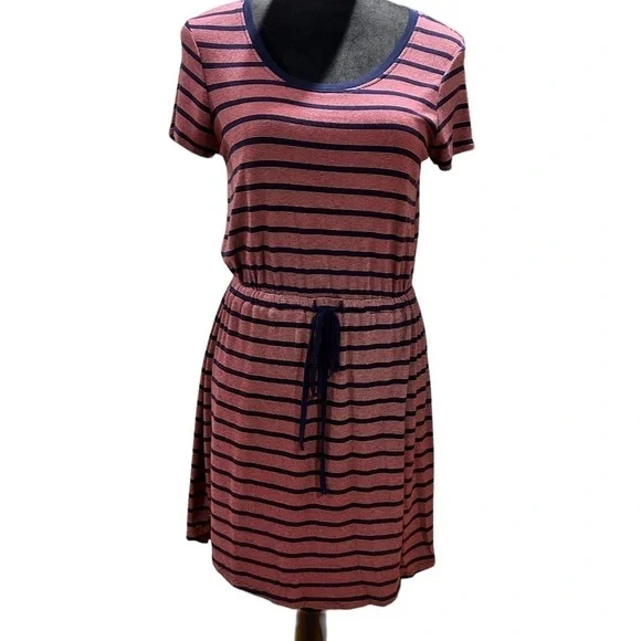 Olive & Oak Navy & Pink Striped Cinched Waist Jersey Dress size small - Picture 2 of 9